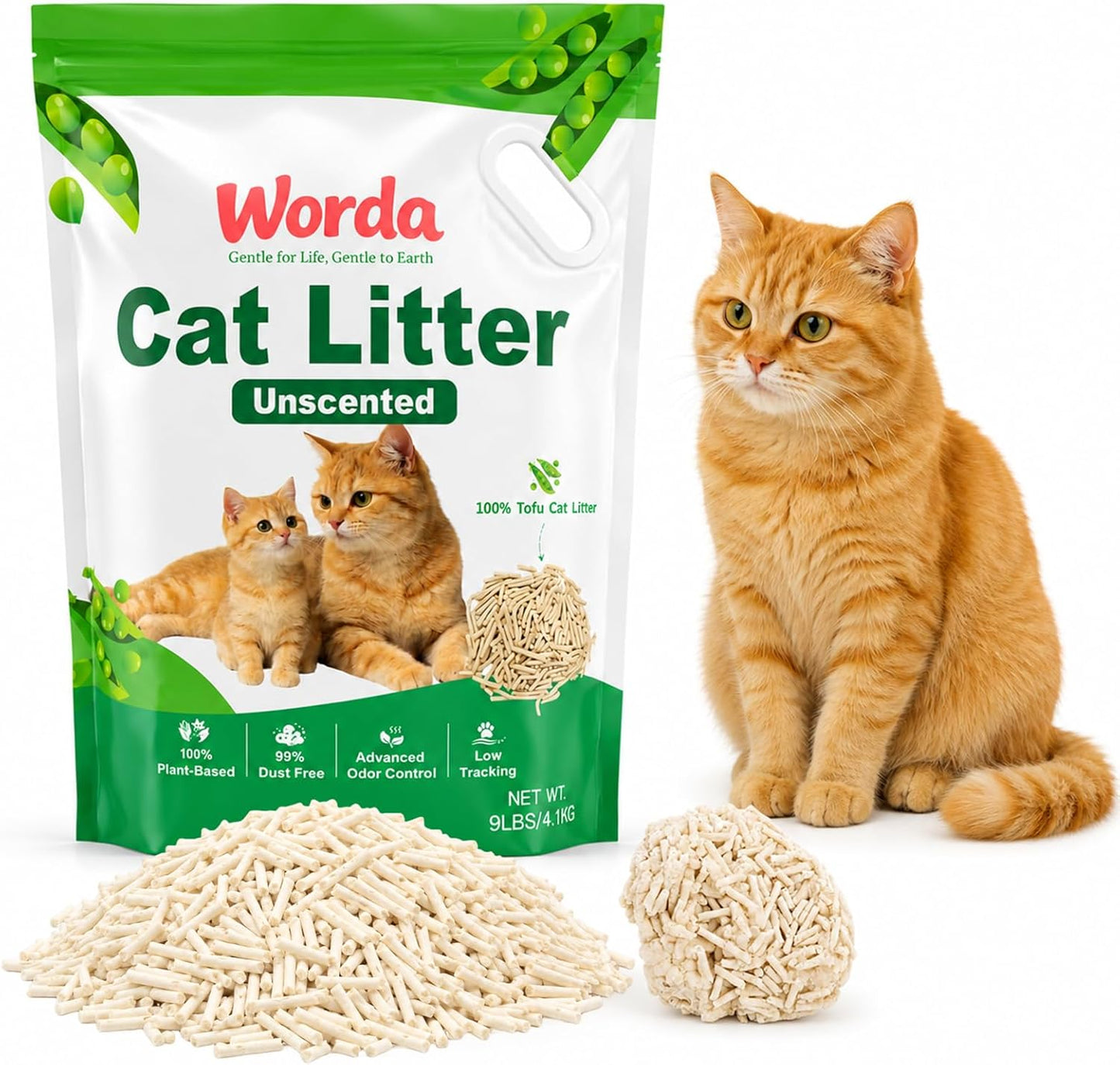Tofu 100% Natural Plant-Based Cat Litter Unscented Dust-Free and Respiratory Friendly Low Tracking Fast Clumping for Multi-Cat Homes 9LB