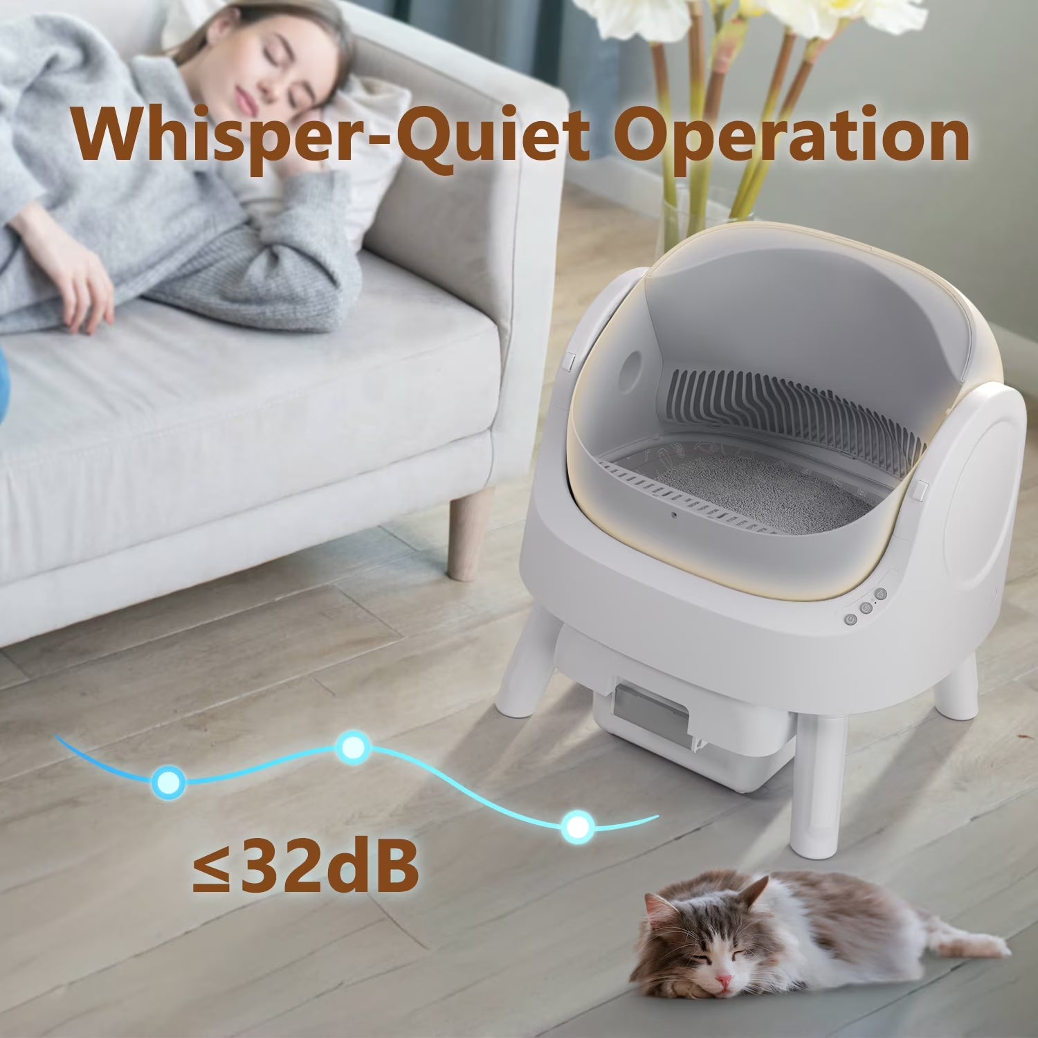 Automatic Cat Litter Box Self-Cleaning with Safety Protection, Mat and Trash Bags Included, Grey