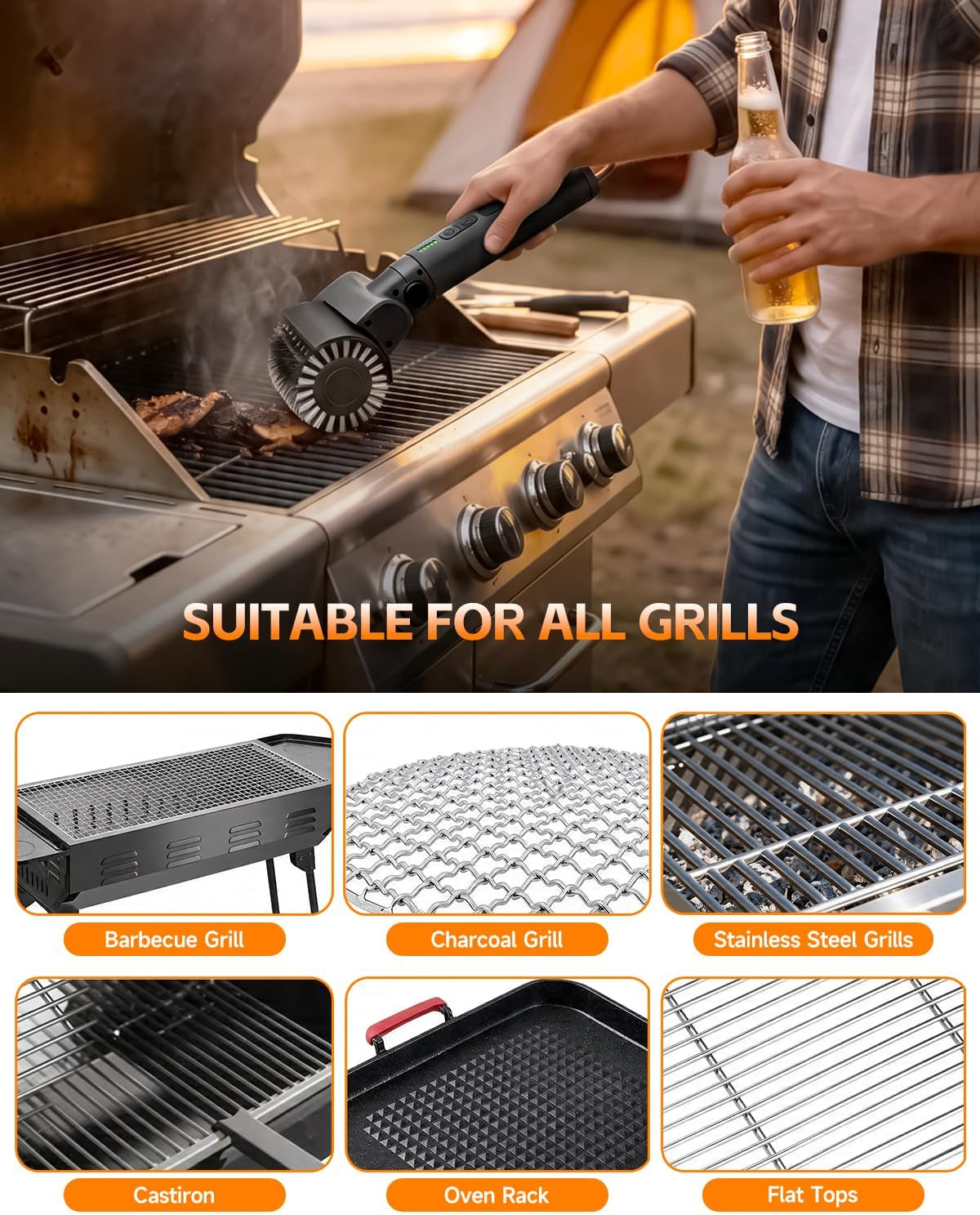 Electric Grill Brush, 2026 Upgraded 3-In-1 Kit BBQ Grill Cleaner with 3 Heads, 3-Speed, Angle Adjust & 150 Mins Runtime, Cordless Rechargeable Grill Brush for Outdoor Barbecue Grates (Black)
