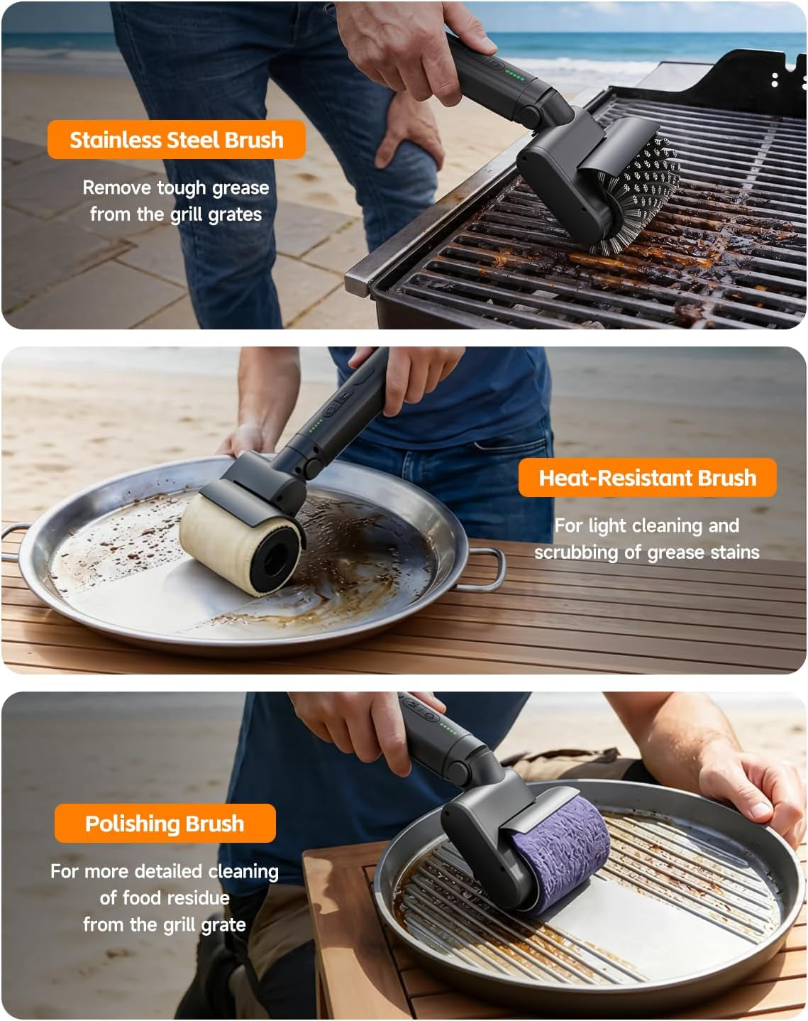Electric Grill Brush, 2026 Upgraded 3-In-1 Kit BBQ Grill Cleaner with 3 Heads, 3-Speed, Angle Adjust & 150 Mins Runtime, Cordless Rechargeable Grill Brush for Outdoor Barbecue Grates (Black)