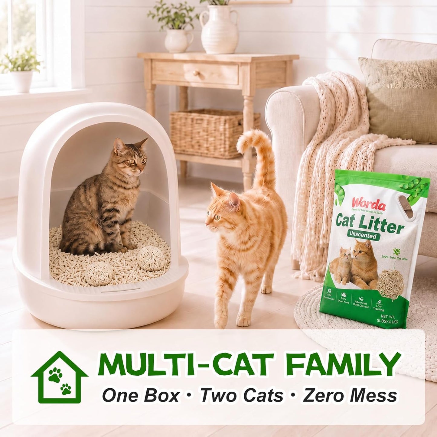 Tofu 100% Natural Plant-Based Cat Litter Unscented Dust-Free and Respiratory Friendly Low Tracking Fast Clumping for Multi-Cat Homes 9LB